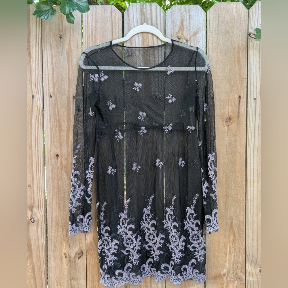 Black Mesh Purple Embroidered Long Sleeve Sheer Babydoll Tunic Top Whimsigoth